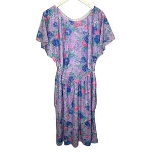 Vintage Lynn Bee Angel Sleeve Tiered Dress Purple Floral Belt Size L 80s